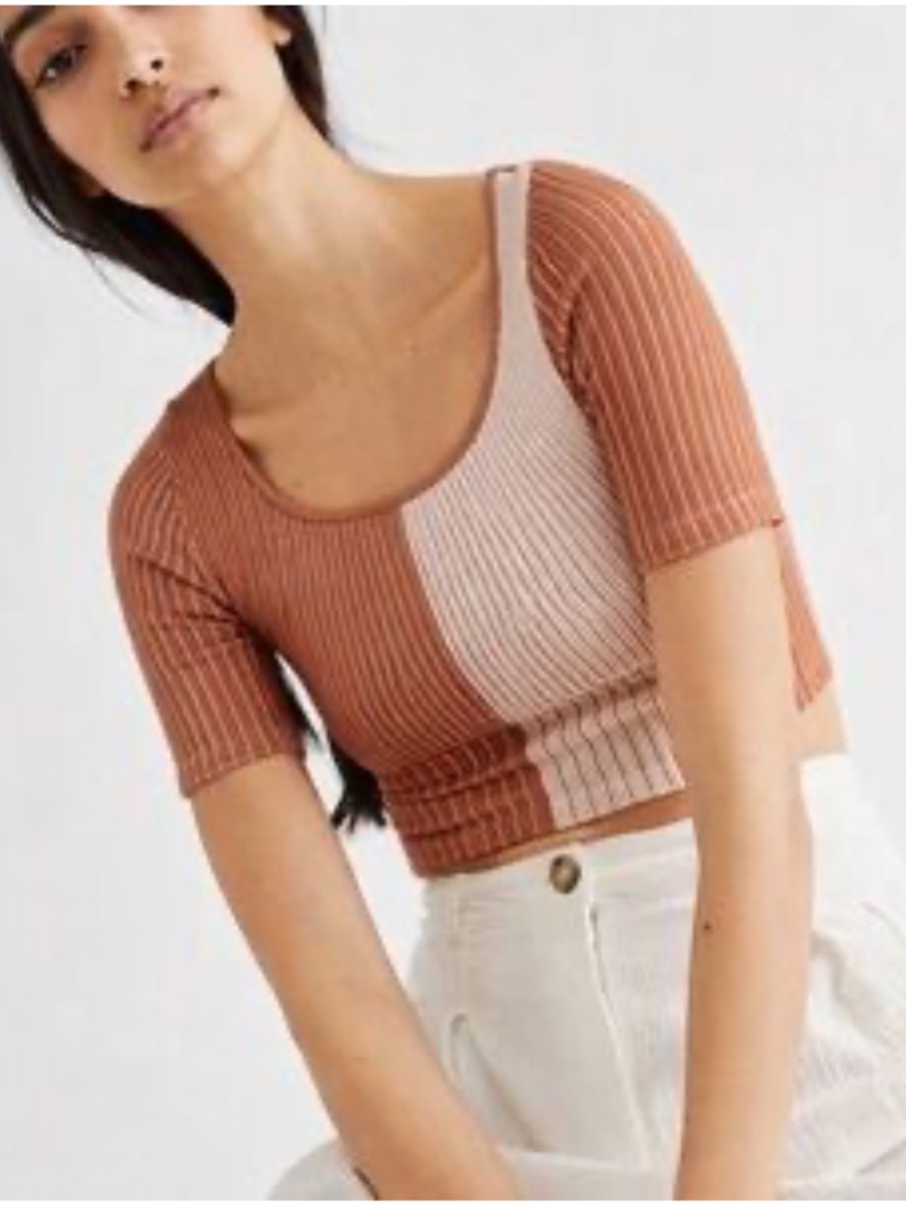35 Intimately Free People Two Tone Ribbed Crop Top XS Rust Pink Scoop Neck